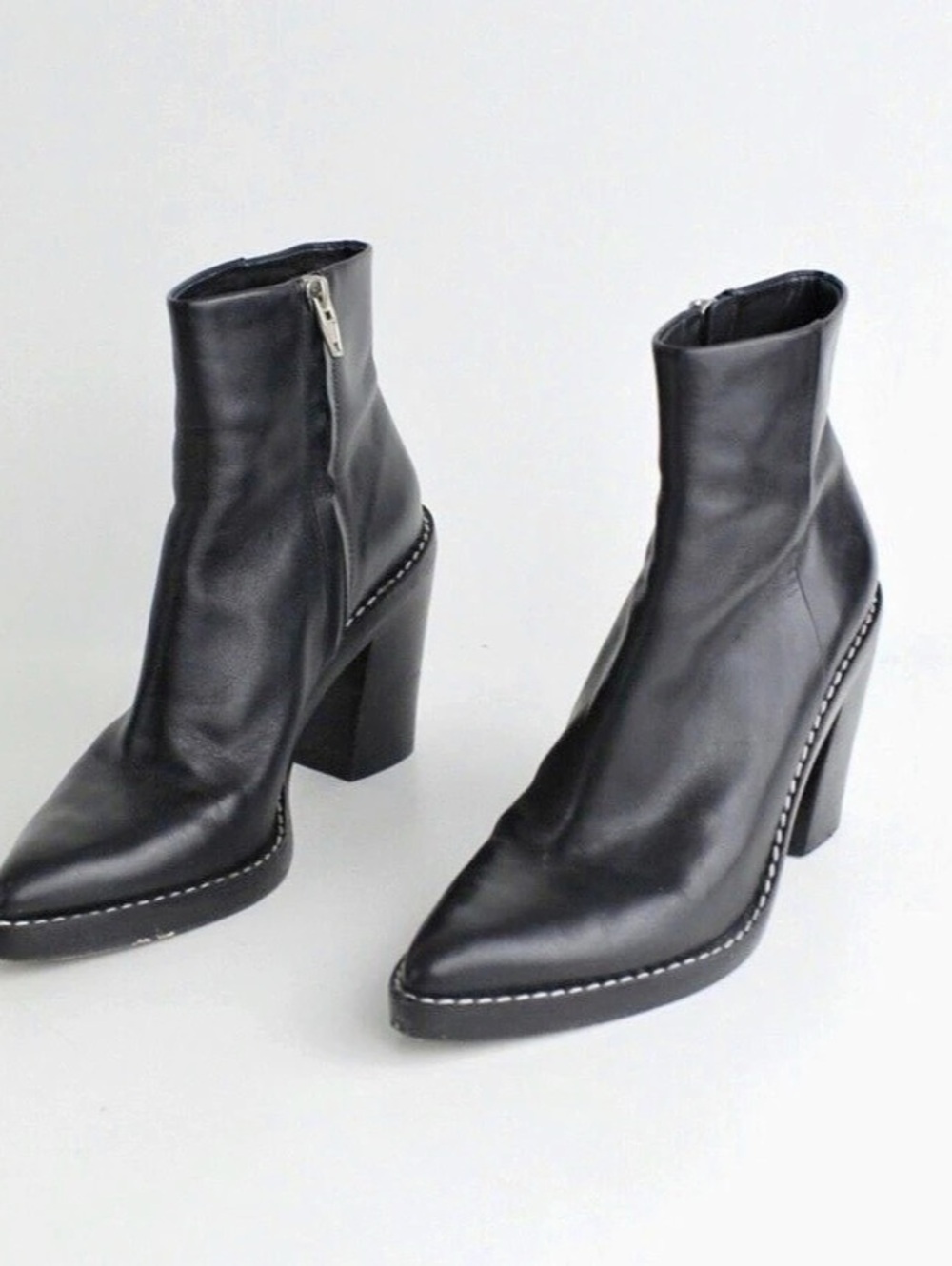 Alexander Wang Black Leather Pointed Toe Block Heel Ankle Boots EU 38.5